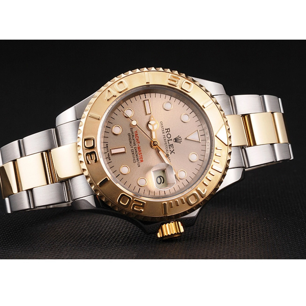Aaa replica watch Bezel Champagne Case Bracelet Swiss Tone Stainless Rolex Yacht-Master Gold Steel Two Dial 0722